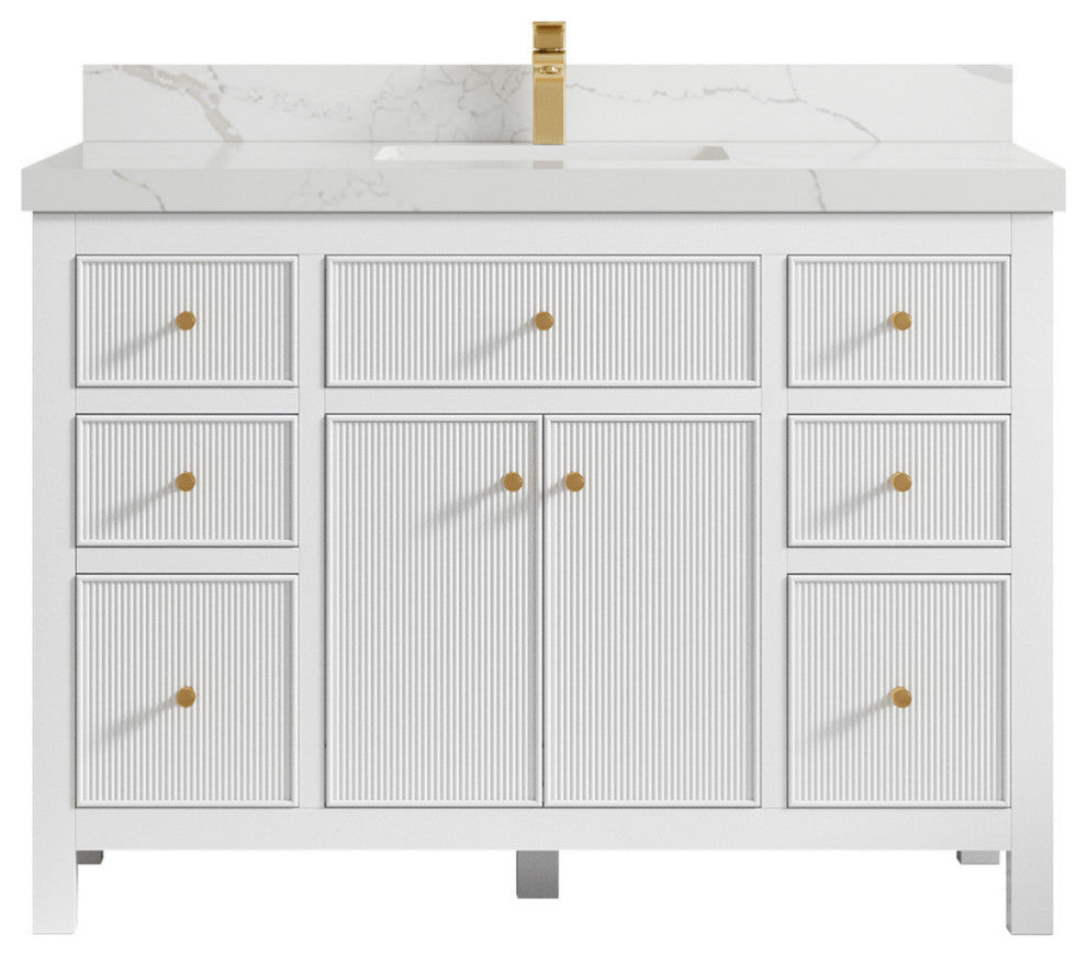 Sonoma 48 Single Sink Reeded Bath Vanity in White 2" Calacatta Laza