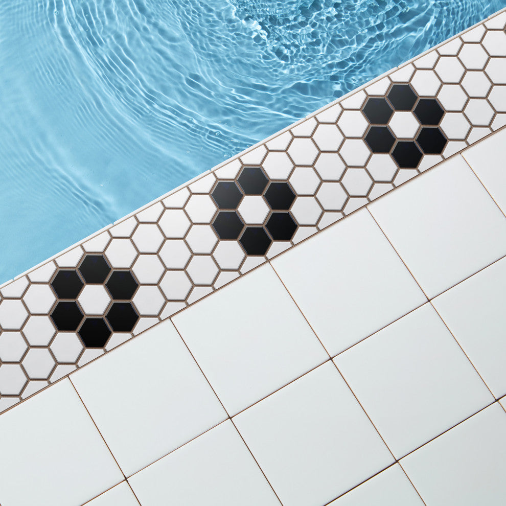 Metro 1" Hex Porcelain Mosaic Floor and Wall Tile, Glossy White With Heavy Flower