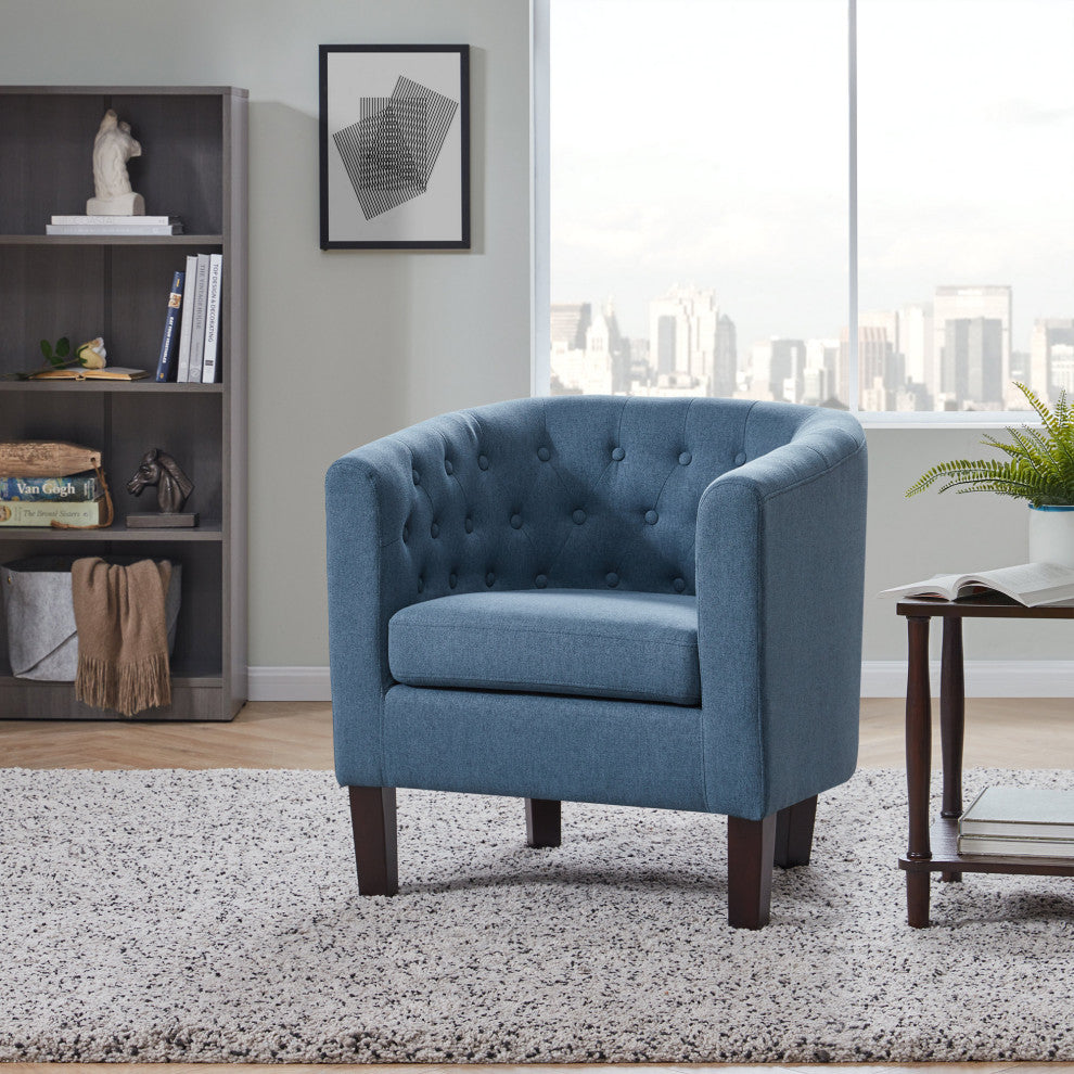 Upholstered Tufted Barrel Chair Roll Armrest Accent Chair, Navy Blue