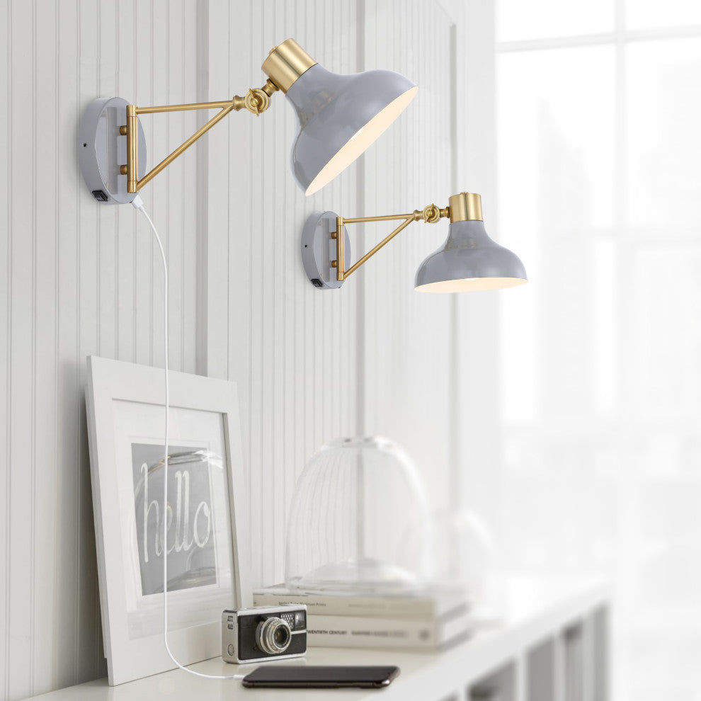 Lynn Swing Arm 1-Light Modern Midcentury Iron USB Charging Port LED Sconce, Gray