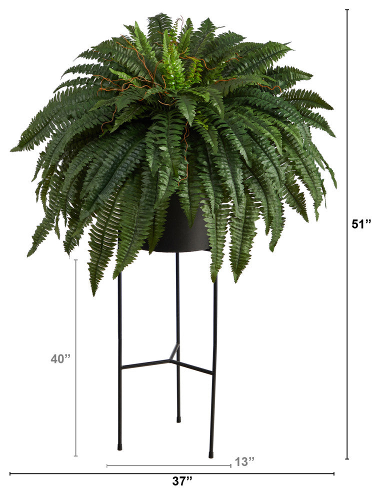 51" Boston Fern Artificial Plant, Black Planter With Stand