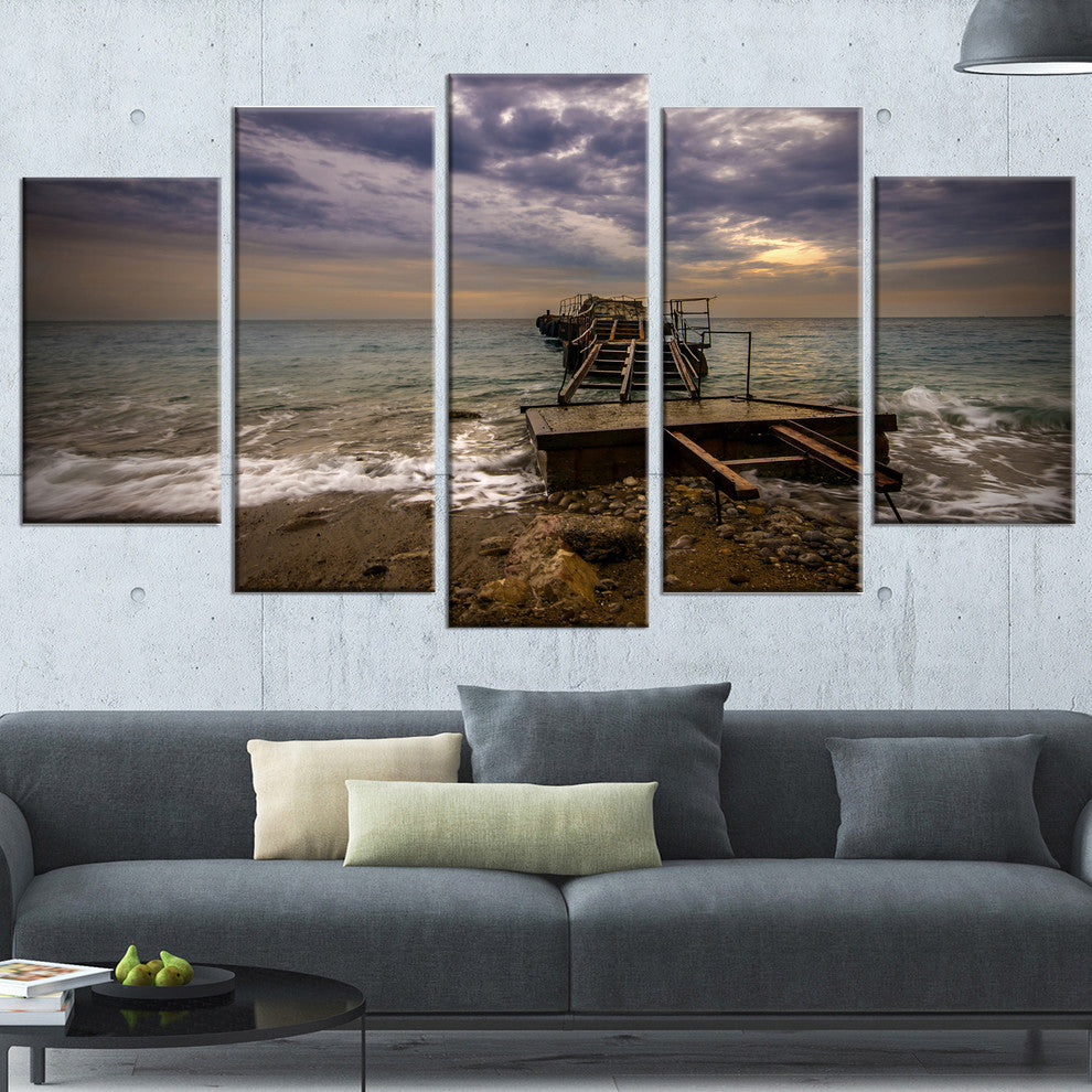 "Broken Wooden Pier For Boats" Sea Bridge Canvas Wall Artwork, 5 Panels, 60"x32"