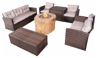 7-Piece Outdoor Rattan Conversation Sofa Set with Fire Pit Table, Brown, Round