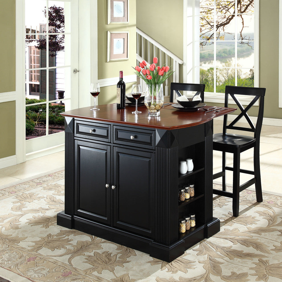 Drop Leaf Breakfast Bar Top Kitchen Island With 24" Blackx-Back Stools
