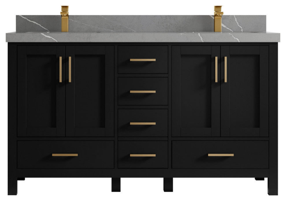 Sonoma 60 Double Sink Reeded Bathroom Vanity in Hale Navy Blue 2" Piatra Gray