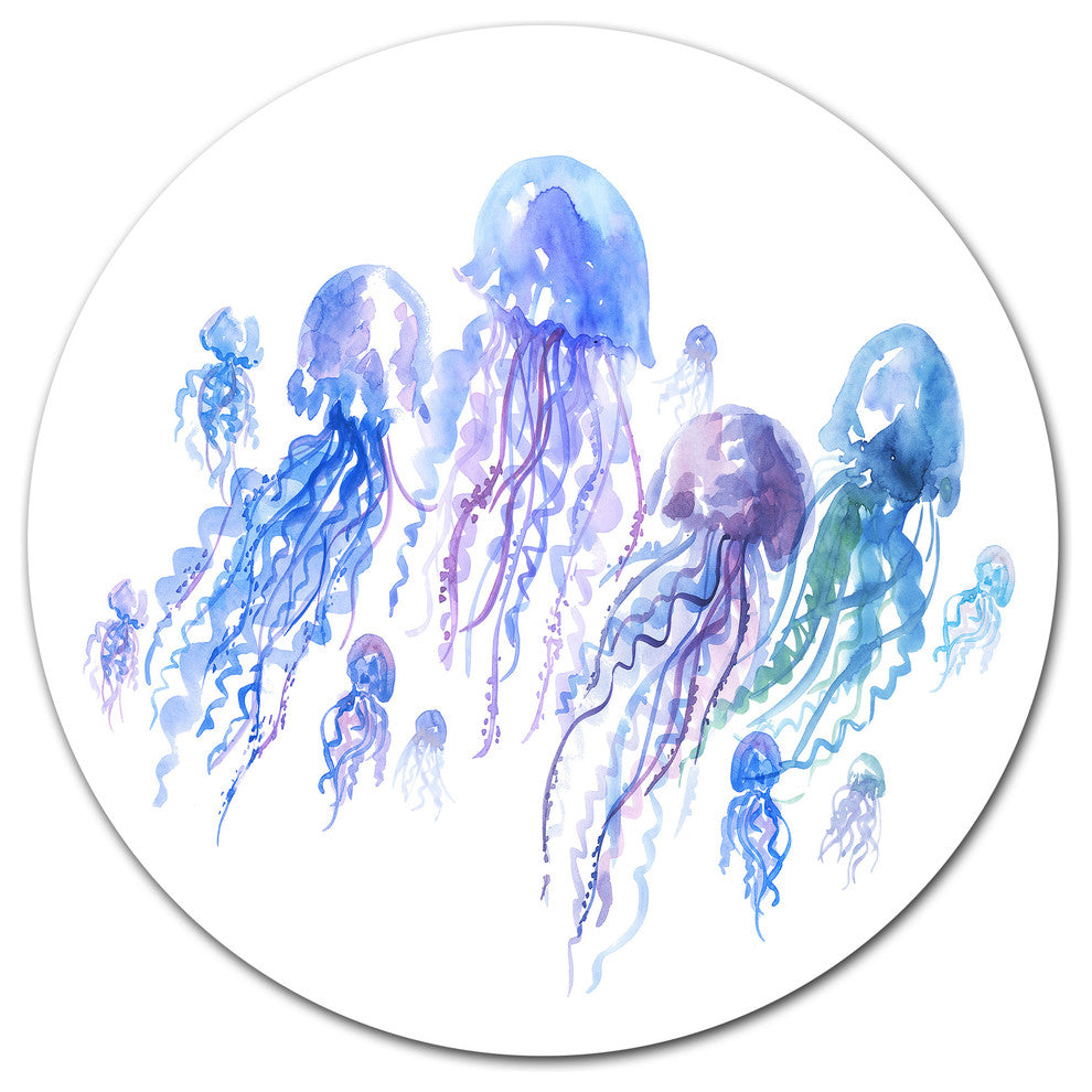Blue Purple Jellyfish Group, Animal Large Disc Metal Wall Art, 23"
