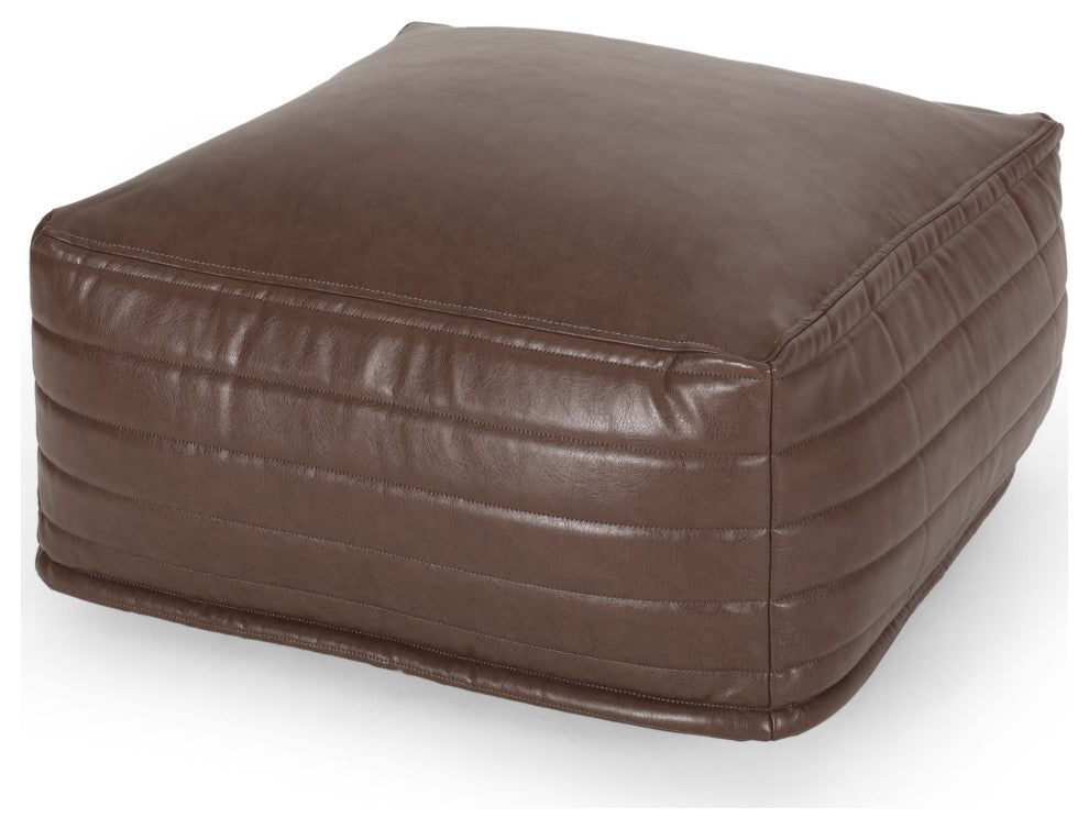 Conrail Contemporary Faux Leather Channel Stitch Pouf, Brown, Square