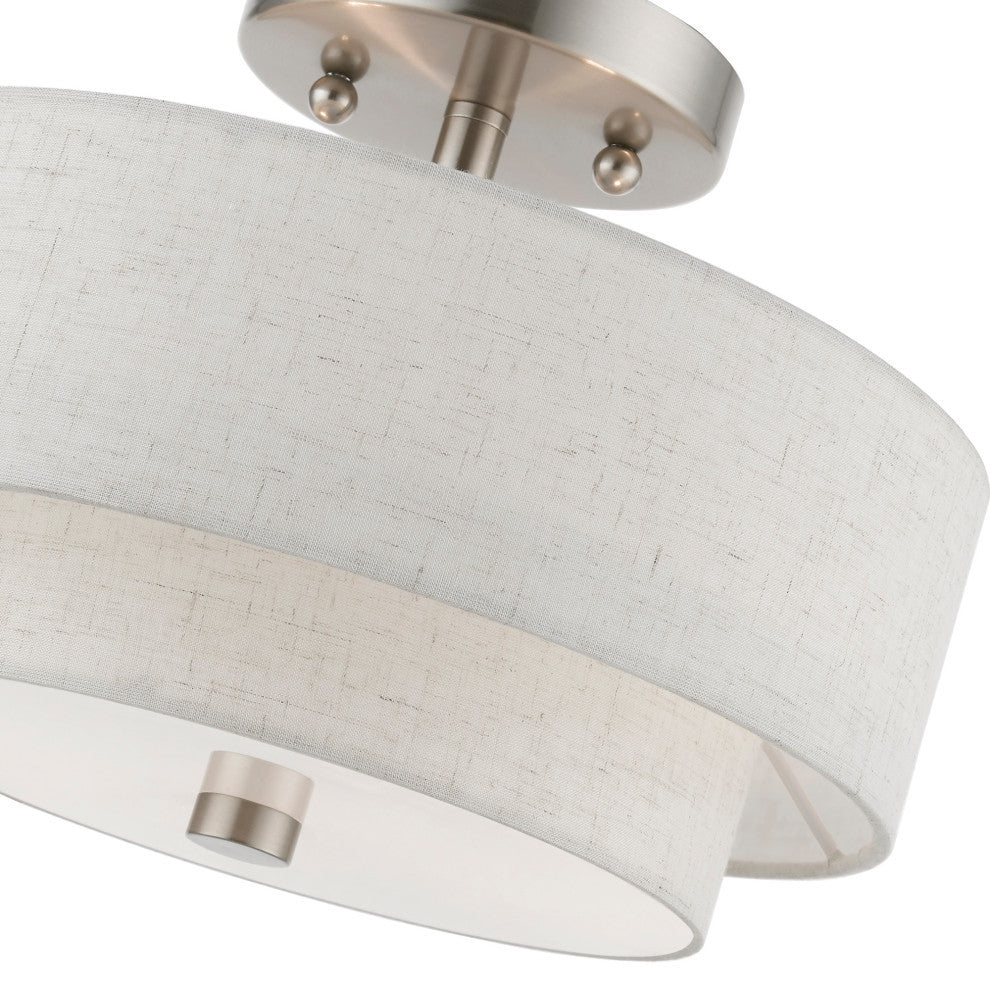 Meridian 2 Light Brushed Nickel Semi-Flush Mount With Oatmeal Shade