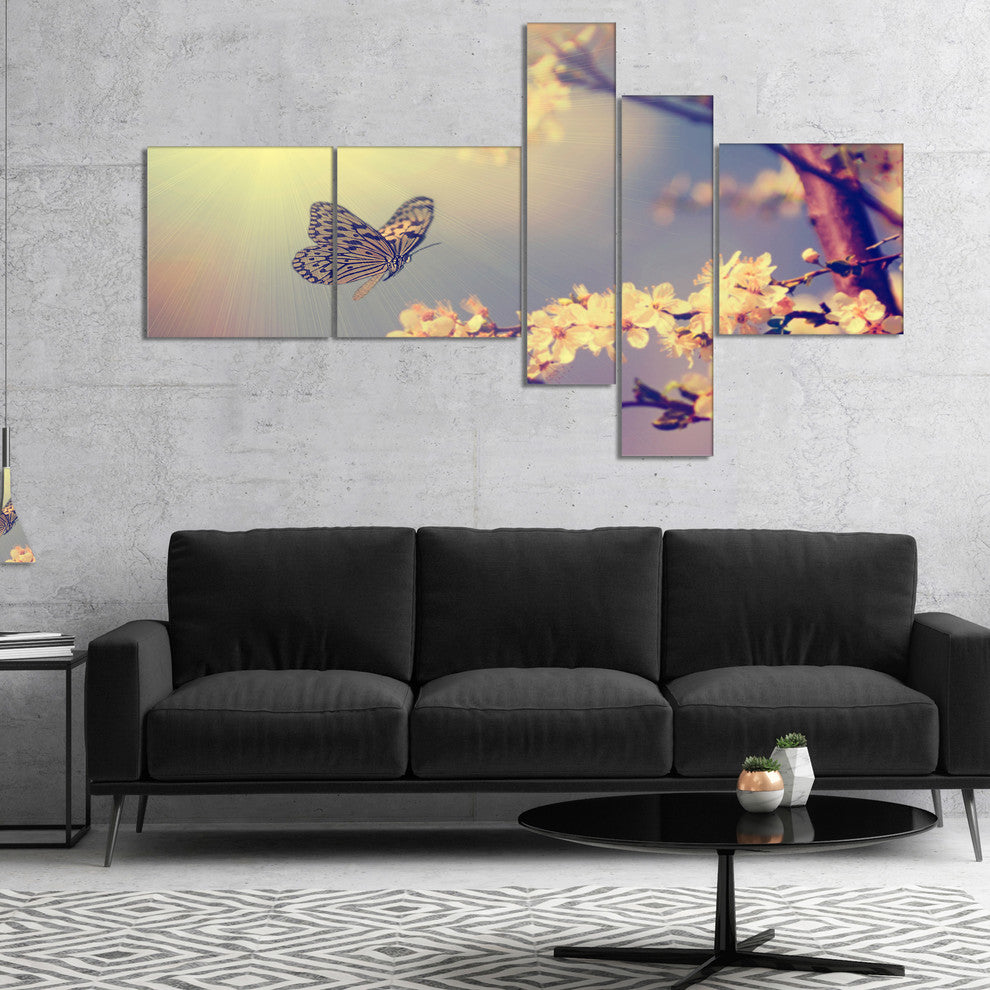Vintage Butterfly and Cherry Tree, Floral Canvas Print, 60"x32", 5 panels