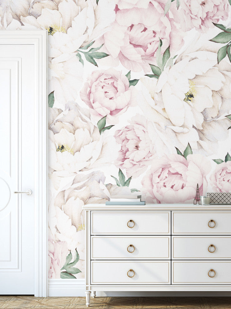 Peony Flower Mural Wall Art Peel and Stick Vinyl Wallpaper, Pink, 24"x