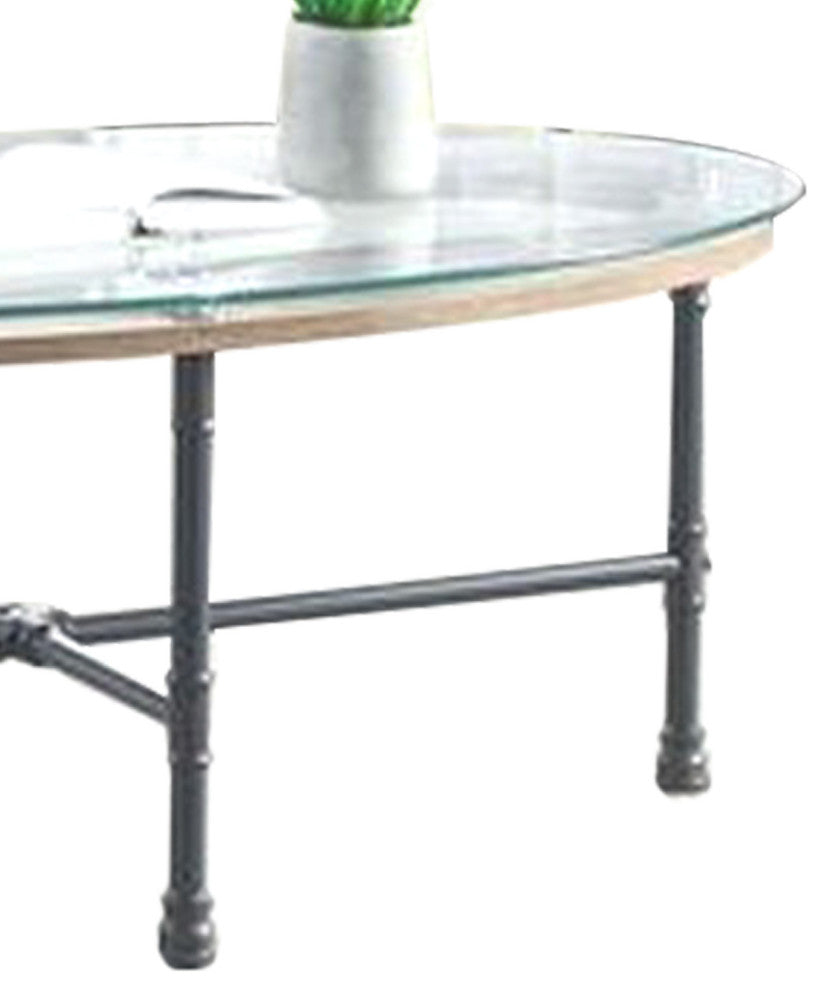 Benzara BM251159 Sofa Table With Oval Glass Top and Metal Pipe Style Legs, Gray