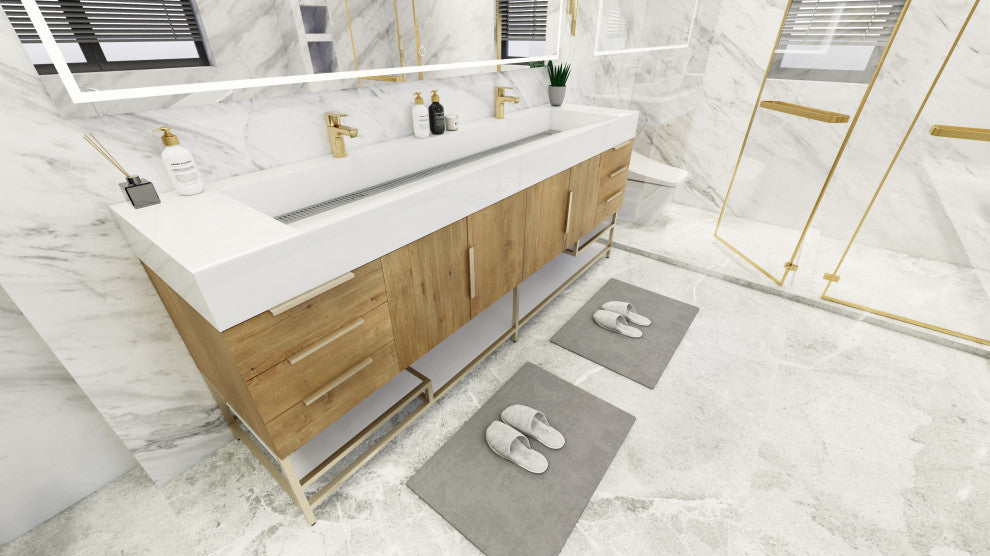 Madison 84" Free Standing Double Sink Vanity with Reinforced Acrylic Sink, Oak