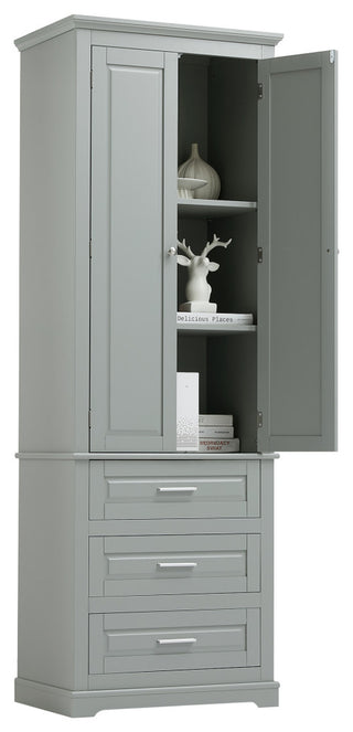 White-background image showing cabinet with a door opened to reveal interior shelves.