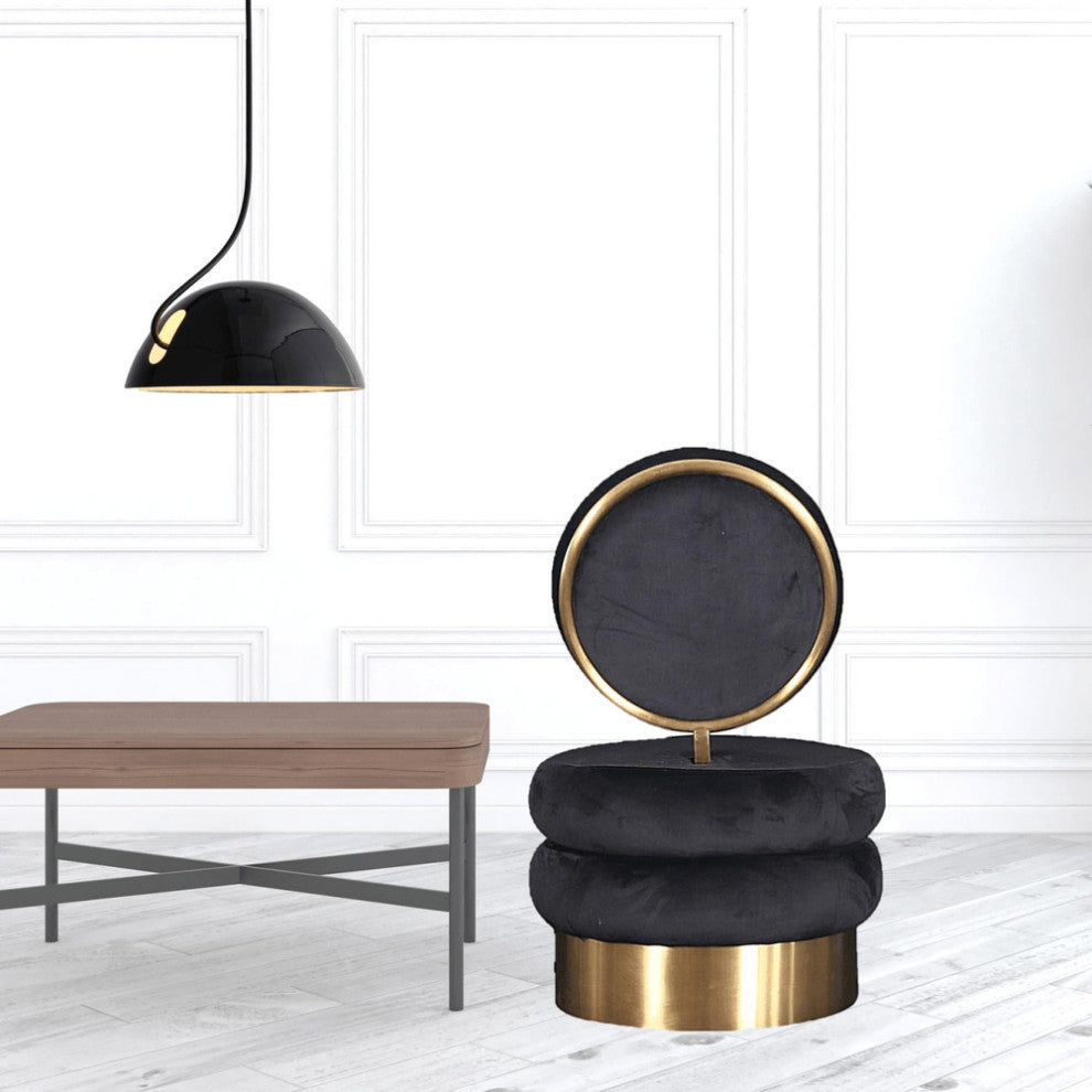 26" Black Velvet And Gold Contemporary Barrel Chair