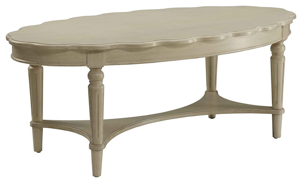 Wooden Oval Coffee Table with Bottom Shelf, Antique White