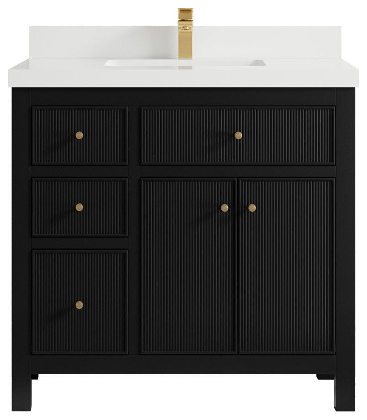 Sonoma 36 Center Sink Reeded Bath Vanity in Black 2" White Quartz