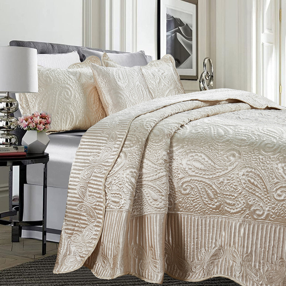 Quilted Satin 4 Piece Bed Spread Set, Champagne, Queen