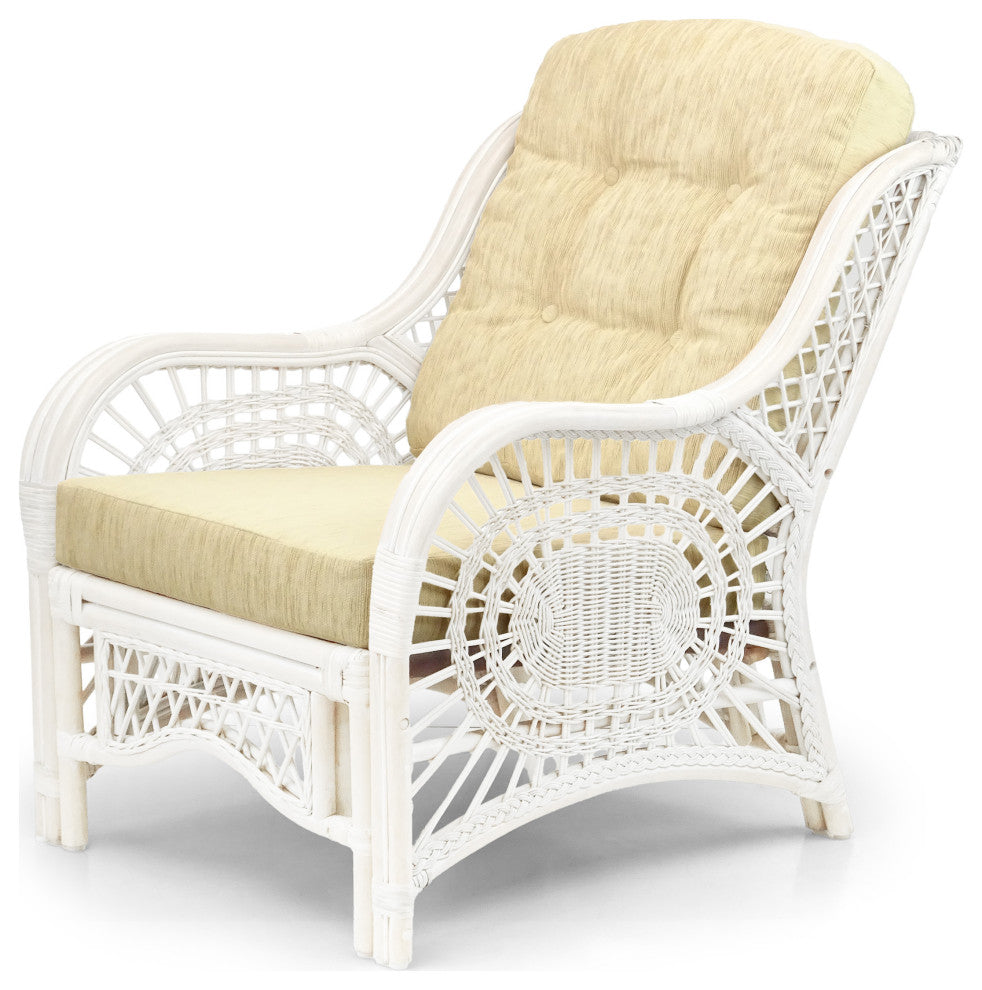 Malibu Lounge Armchair, Natural Rattan Wicker, White, Cream Cushions