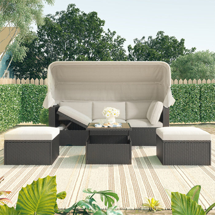 Outdoor Patio Rectangle Daybed With Retractable Canopy Wicker Furniture Sectiona
