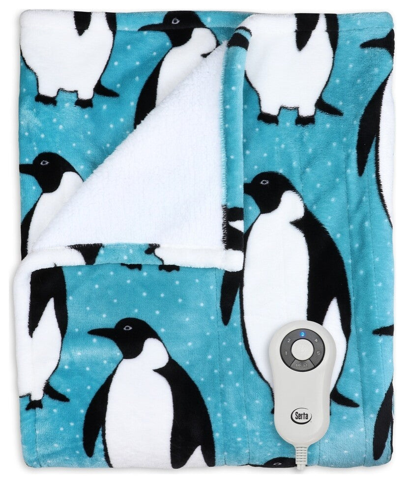 Serta Shiny Sherpa Electric Heated Warming Throw Blanket Penguin Teal