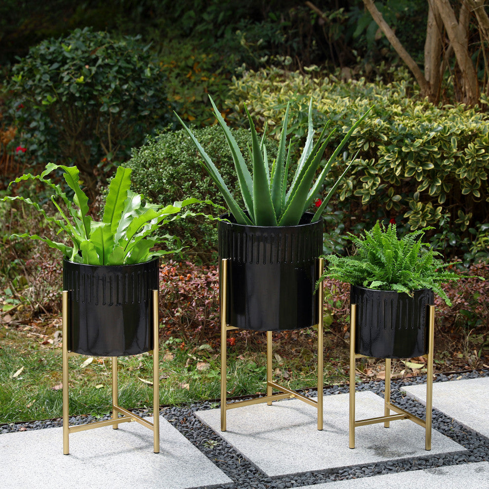 Set of 3 Modern Glossy Metal Plant Stands, KD, Black / Gold