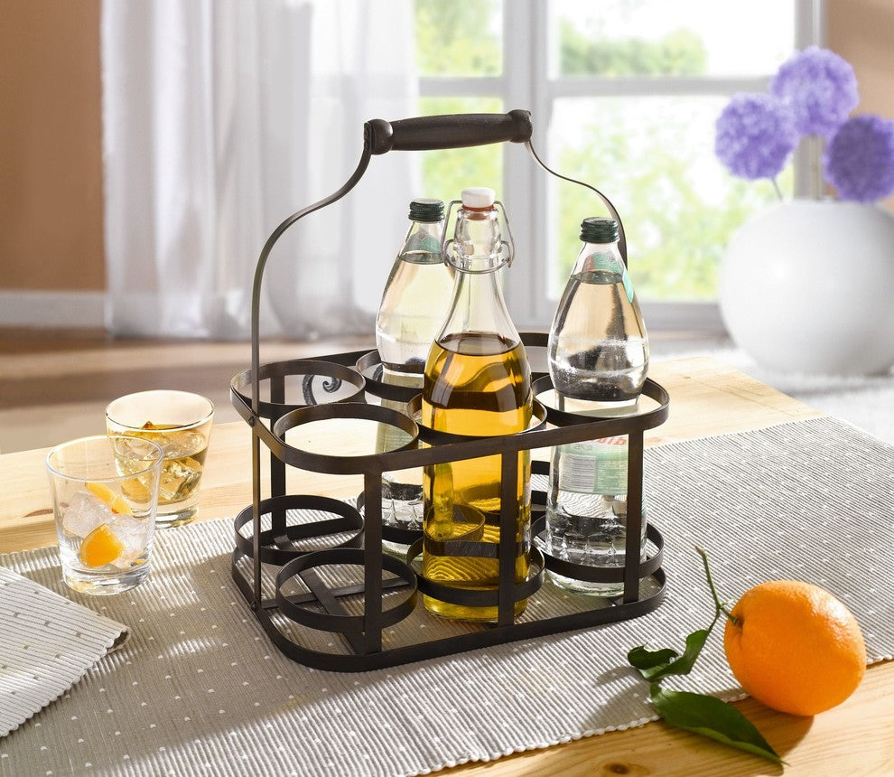 6-Bottle Metal Rack Basket Caddy Holder With Wood Handle