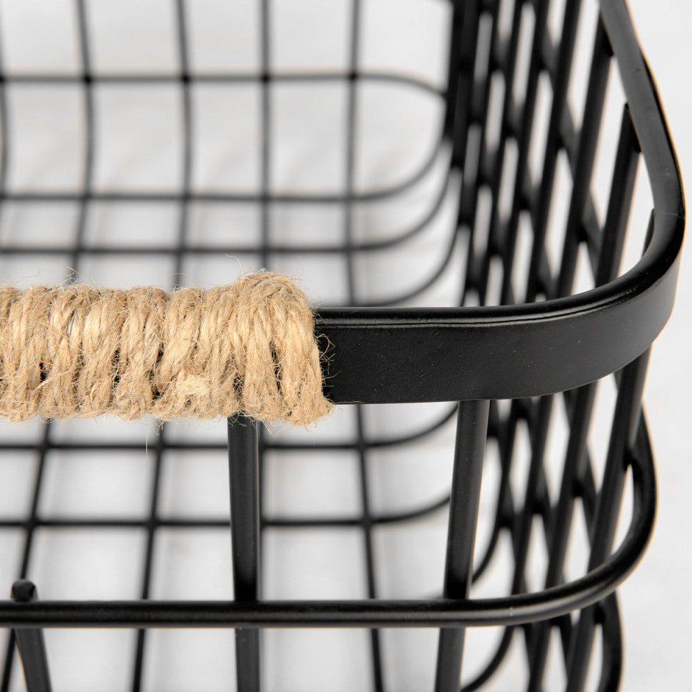 Marius Matte Black Metal w/ Rope Trim Rectangular Baskets (Set of Two)