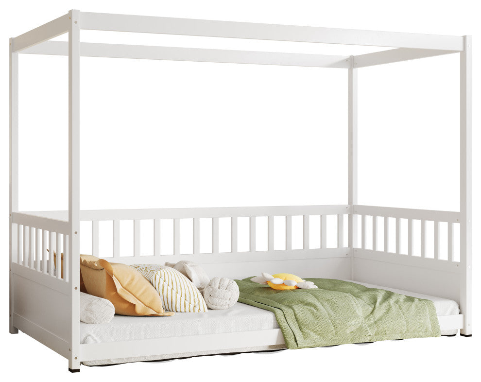 Gewnee Twin Size Canopy Bed Frame with Guardrails for Kids