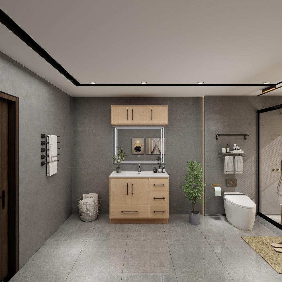 Victoria 42" Solid Wood Bath Vanity, Overhead Cabinet, Yellow Oak