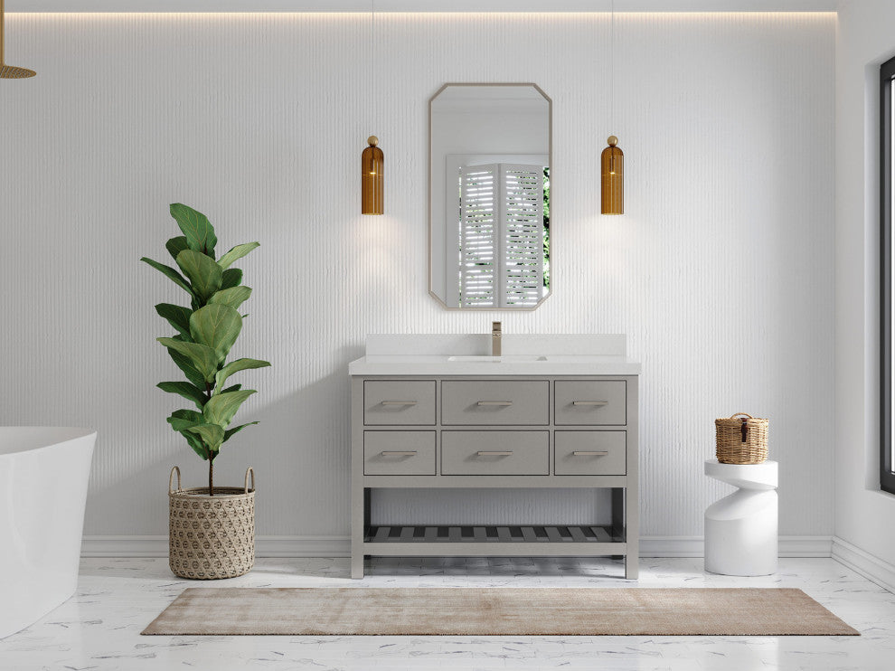 Parker 48 Single Sink Bath Vanity in Elephant Skin Gray  2" Carrara Quartz