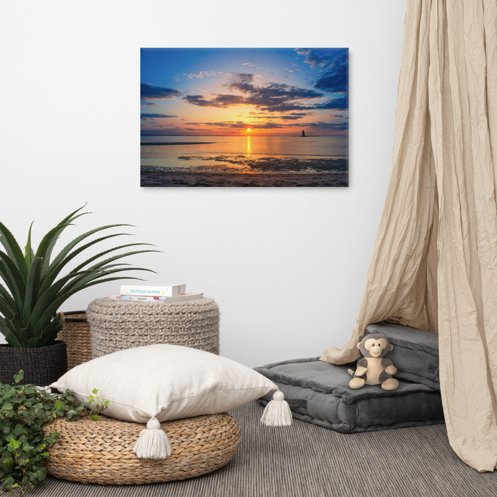 Sunset at Breakwater Lighthouse Coastal Landscape Photo Canvas Print, 24" X 36"