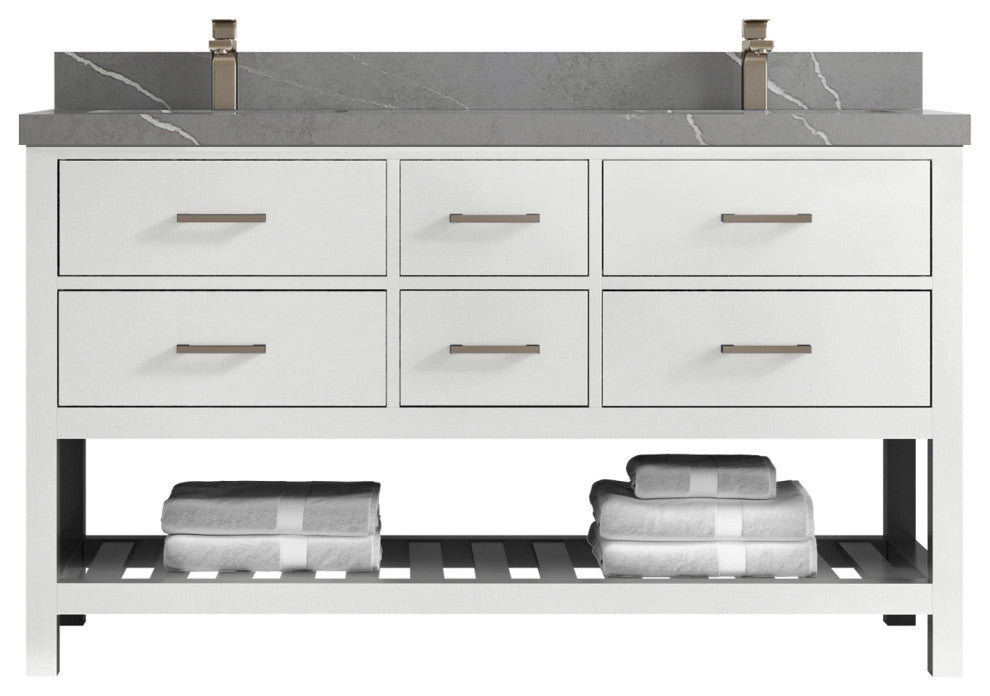Parker 60 Double Sink Bathroom Vanity in White 2" Piatra Gray