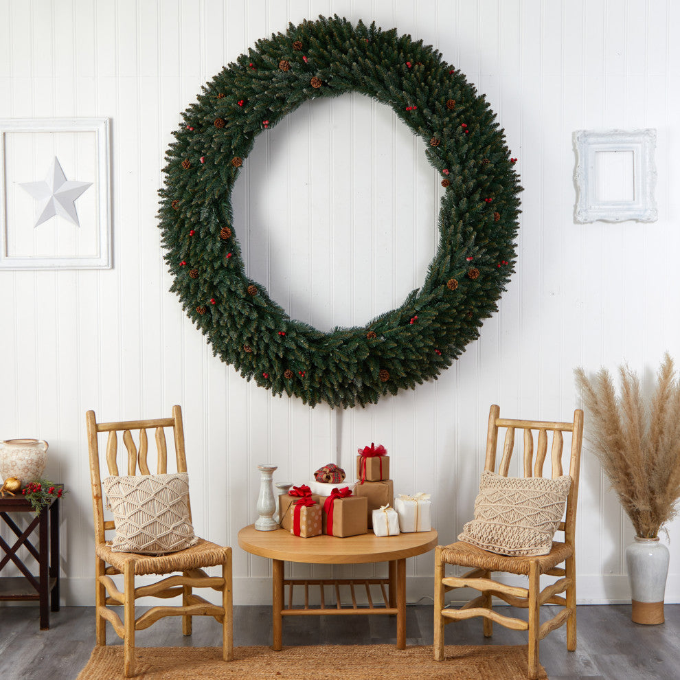 6' Large Flocked Artificial Christmas Wreath With Pinecones Berries 600 LEDs