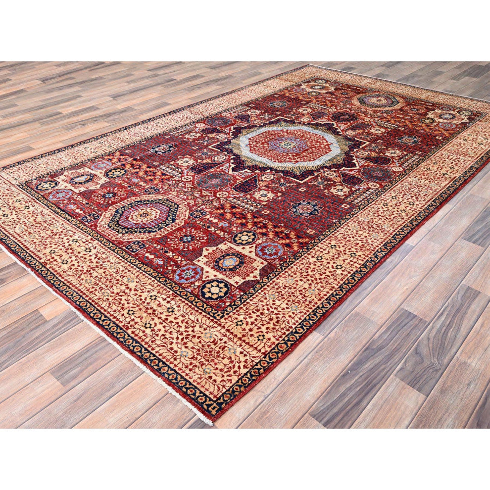 Vermilion Red Hand Knotted Mamluk Design 200 KPSI Natural Wool Rug 5'9"x9'7"