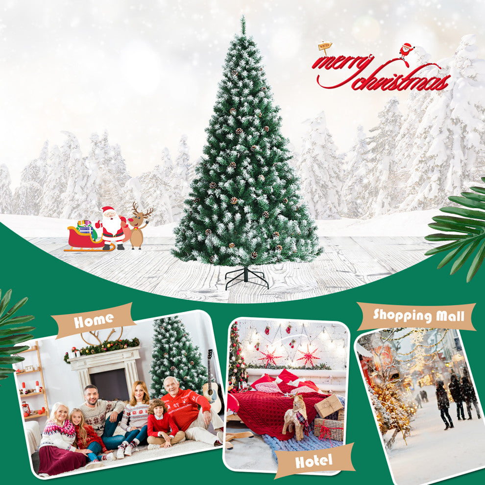 Costway 6ft Snow Flocked Hinged Christmas Tree w/1000 Branch Tips & Pine Cones