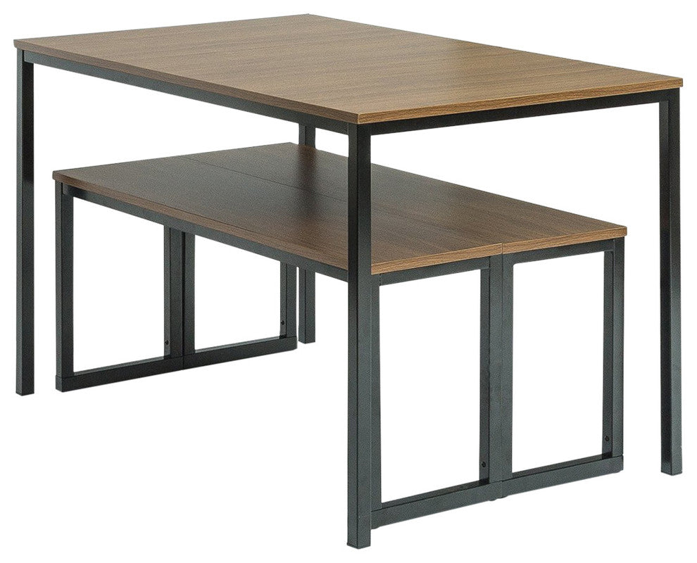 Modern Dining Table With Benches, 3-Piece Set, Brown