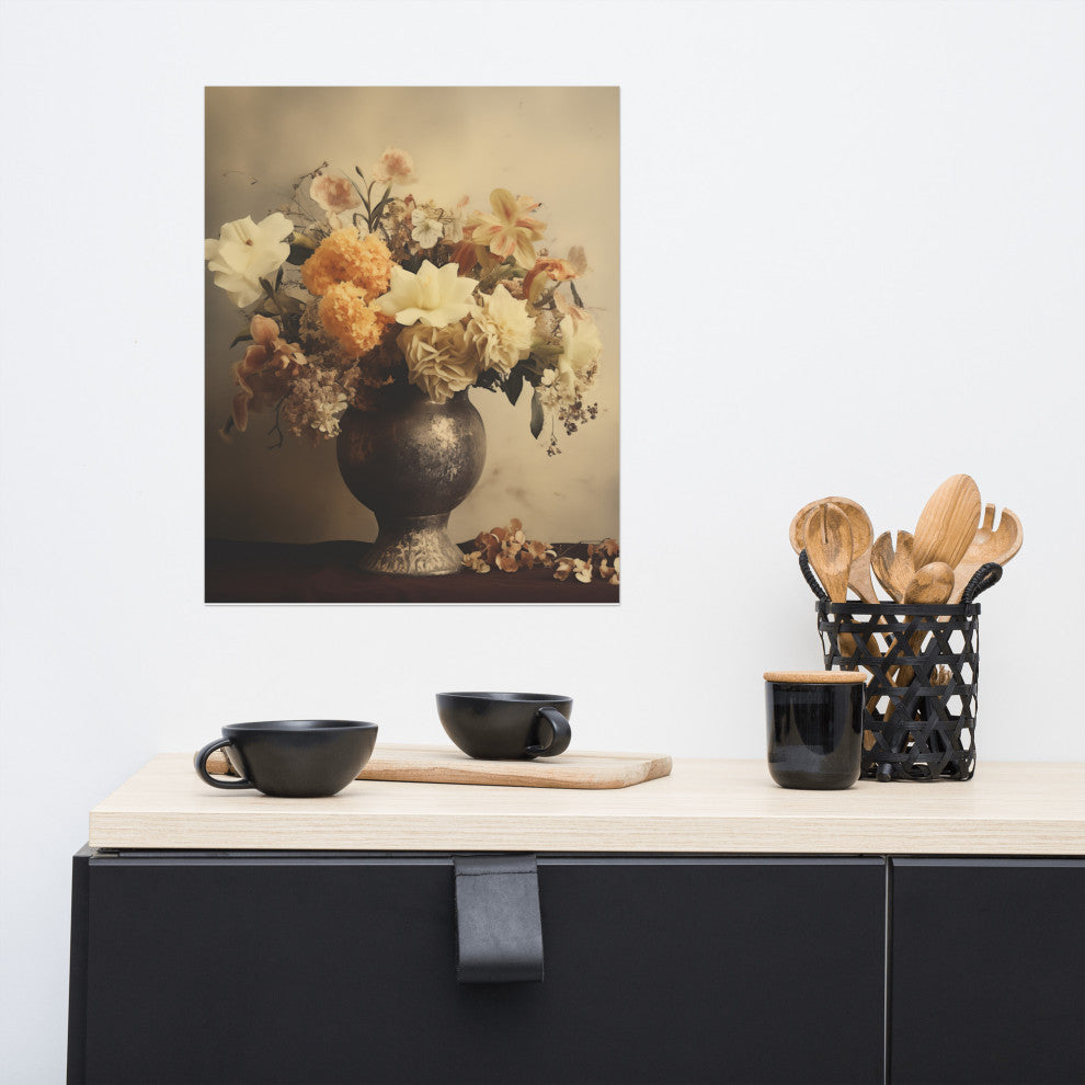Floral Symphony Bouquet Retro Subdued Photorealism Digital Artwork Loose Print, 16" X 20"