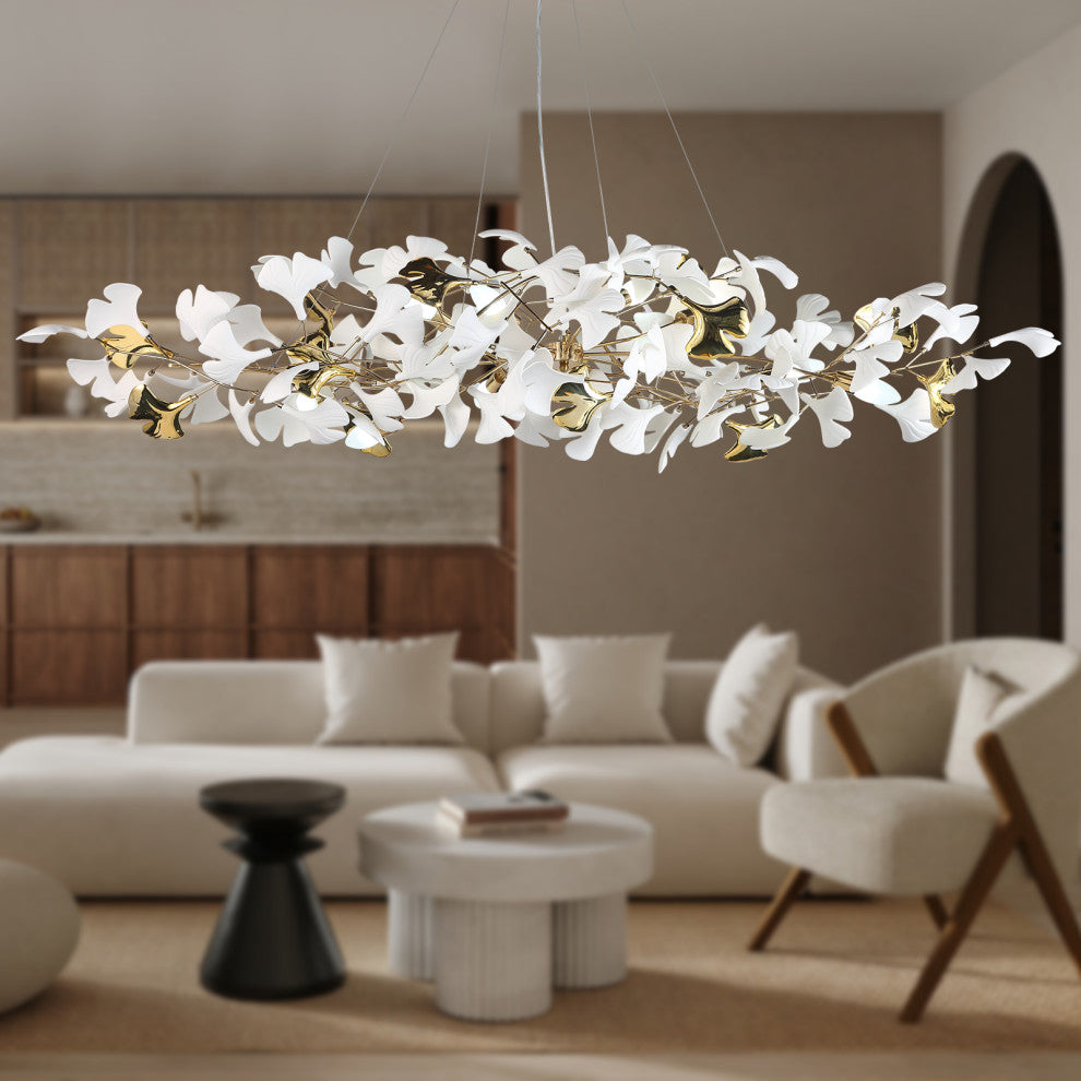 Modern Tree Branch Chandelier Ceramic Ginkgo Leaves, L59"