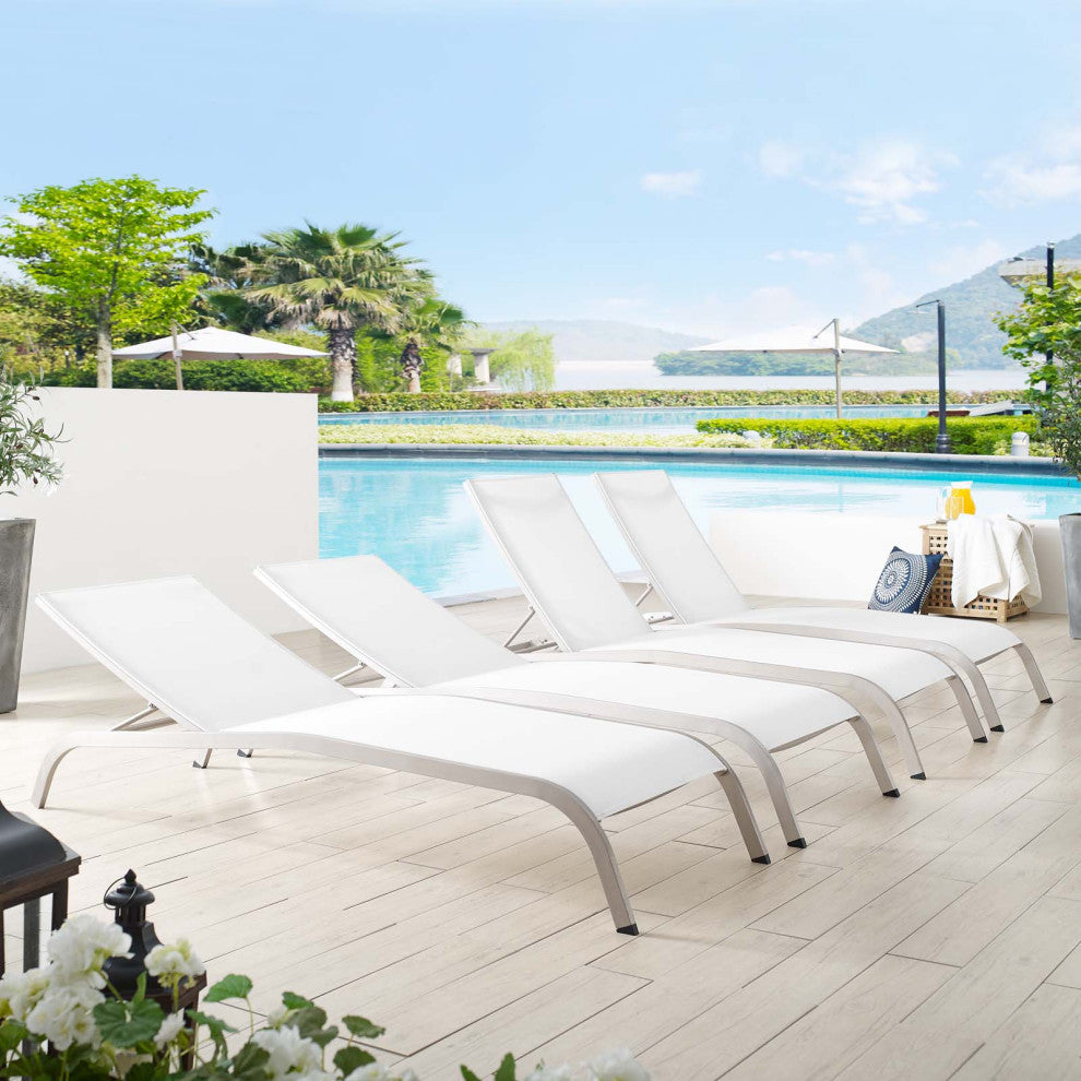 Lounge Chair Chaise, Set of 4, Aluminum, Metal, White, Modern, Outdoor Patio