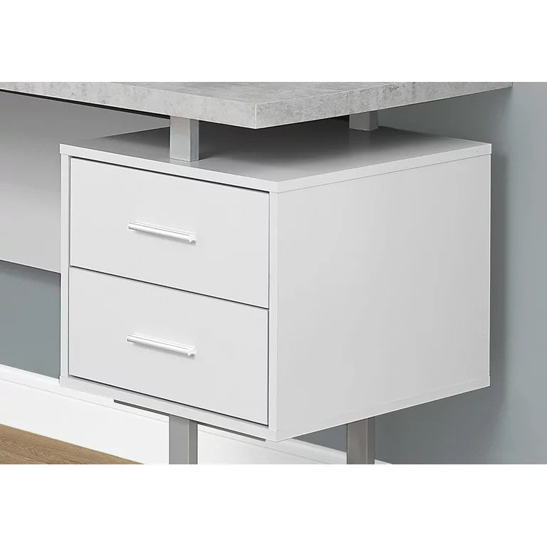 Modern Desk, L-Shaped Design With White Drawers/Cabinet & Gray Finished Top