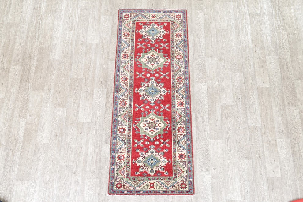 Hand Made Kazak Oriental Pakistani Traditional Runner Wool Rug, Red, 7'4"X2'10"