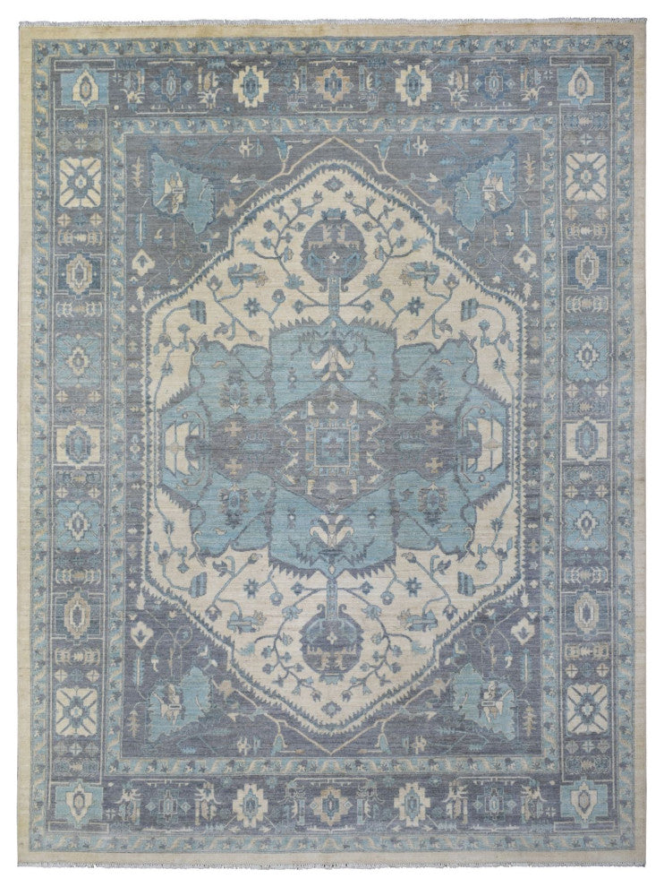 Ivory Hand Knotted Heriz Serapi Fine Peshawar Pure Wool Oriental Rug, 9'1"x11'9"