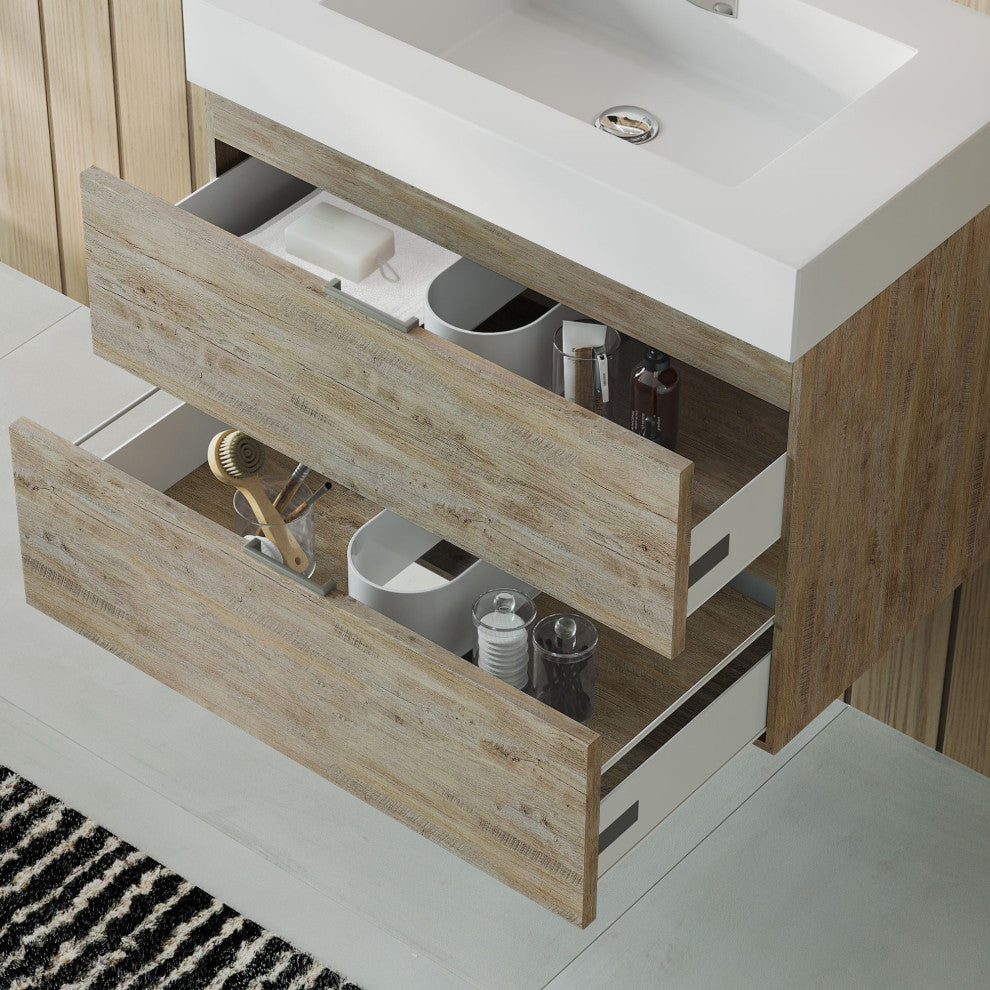 Boutique Bath Vanity, Natural Wood, 30", Single Sink, Wall Mount