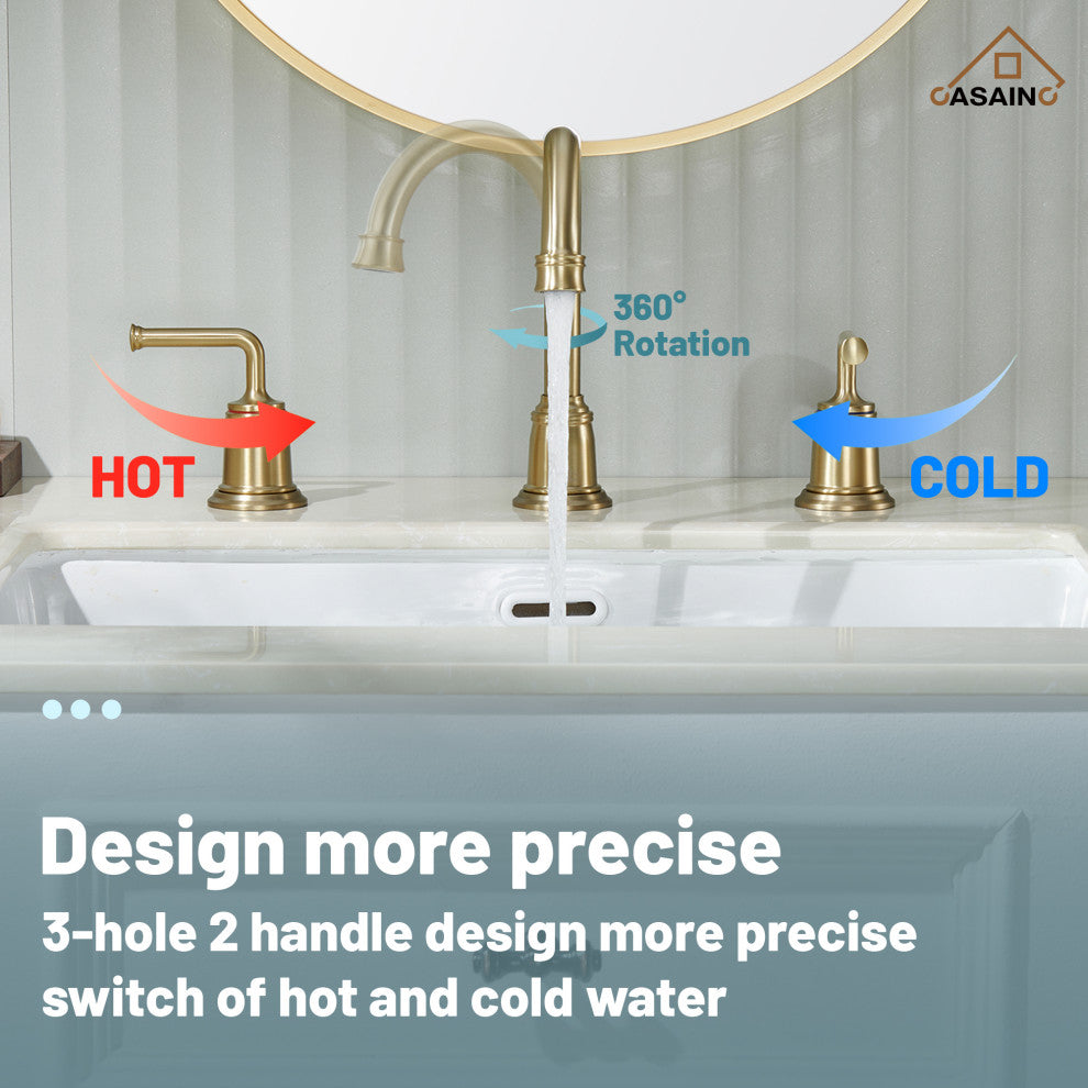 8in Brass Bathroom Sink Faucet 2 Handle 3 Hole Gold Bathroom Faucet, Brushed Gold