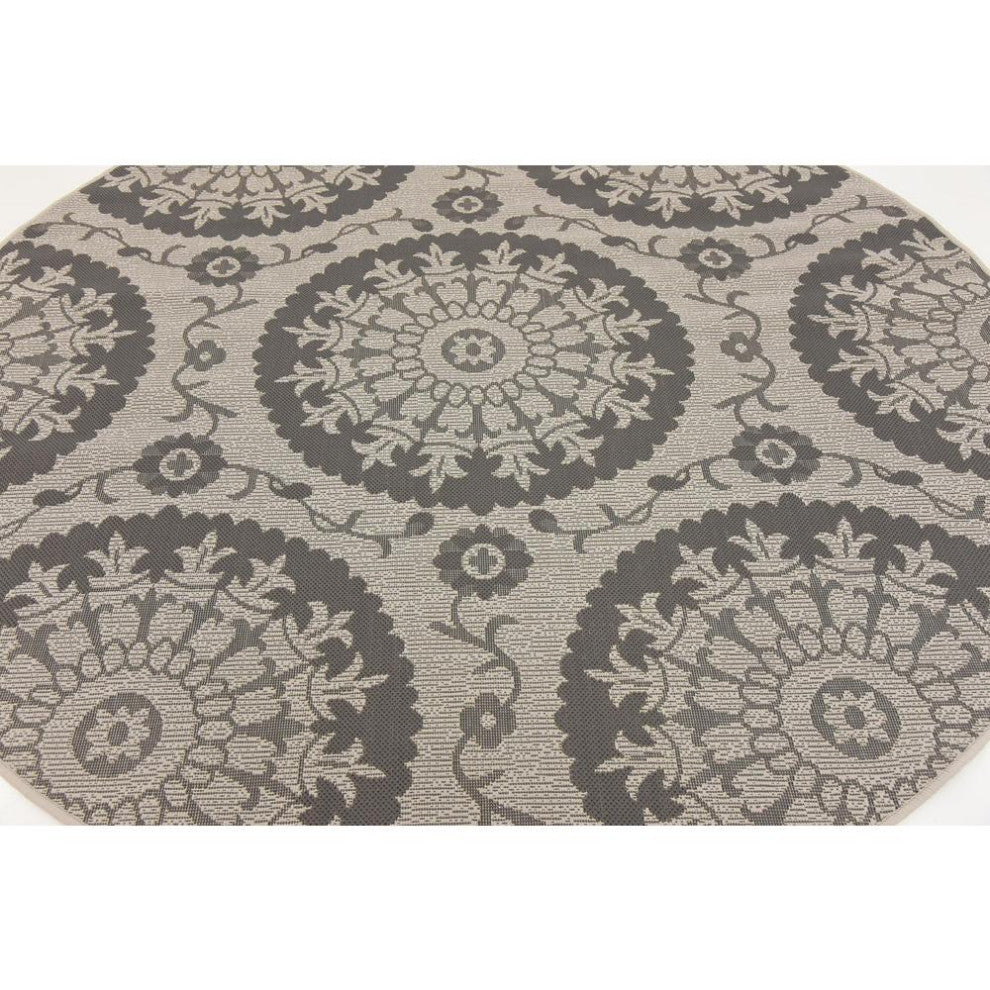 Rug Unique Loom Outdoor Botanical Gray Round 6' 0 x 6' 0