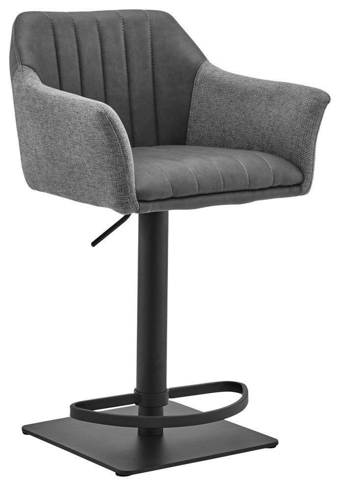 Erin Adjustable Gray Faux Leather and Fabric Metal Swivel Bar Stool