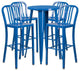 24'' Round Blue Metal Indoor-Outdoor Bar Table Set, 4 Vertical Slat Barstools