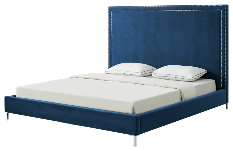Giovanna Nailhead Trim Platform Bed, Navy Velvet, Queen