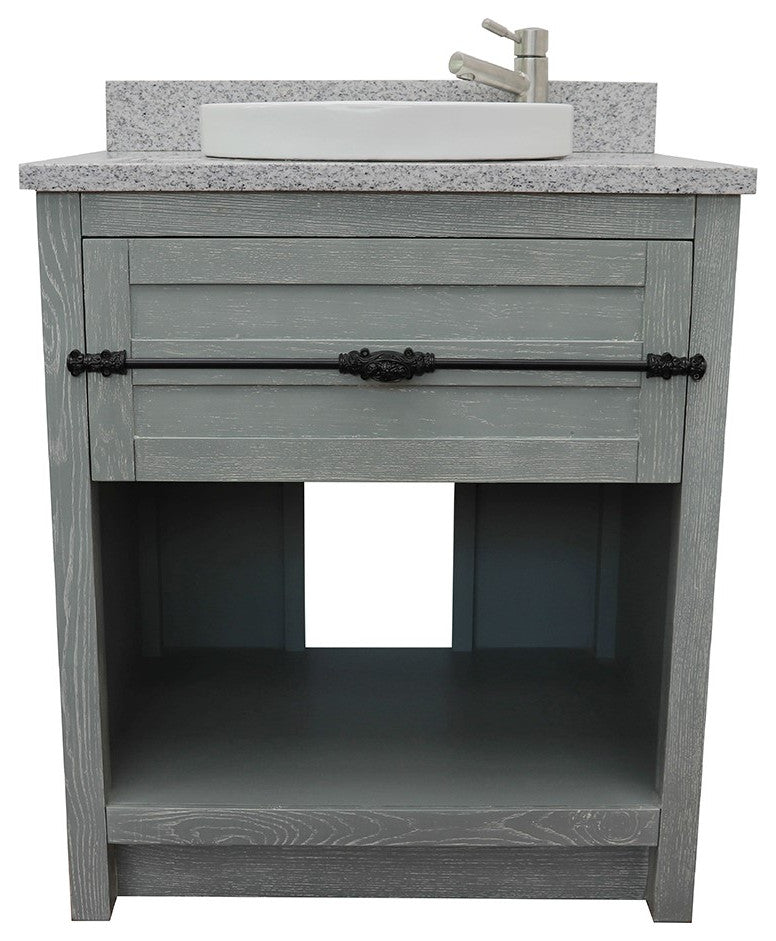 30" Single Vanity, Gray Ash, Gray Granite Top, Round Sink