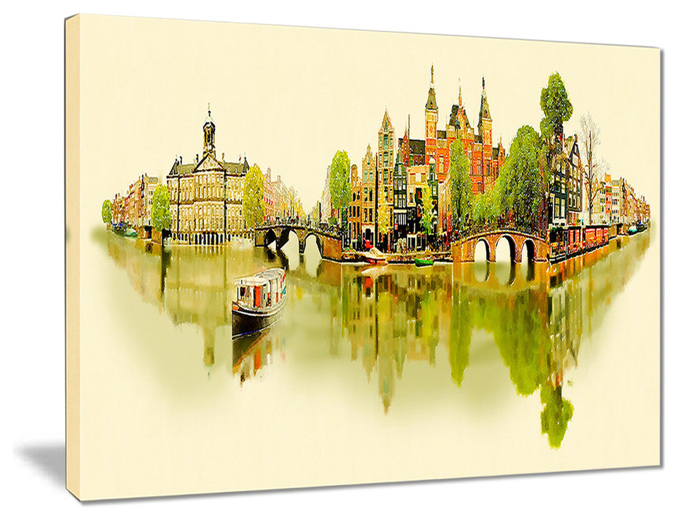 "Amsterdam Panoramic View" Cityscape Watercolor Canvas Print, 40"x30"